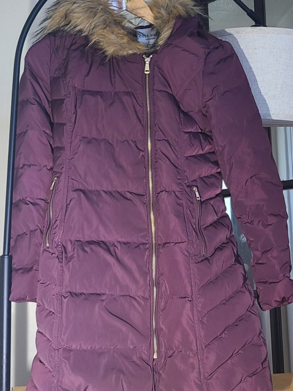 Cole Haan Signature Long Puffer Coat Burgundy Faux Fur Hood Womens S